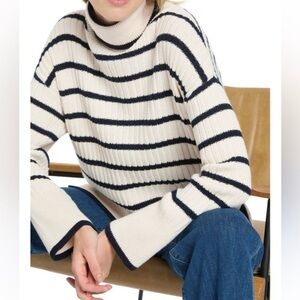 Altar'd State Navy and Cream Oversized Relaxed Fit Striped Turtleneck Sweater